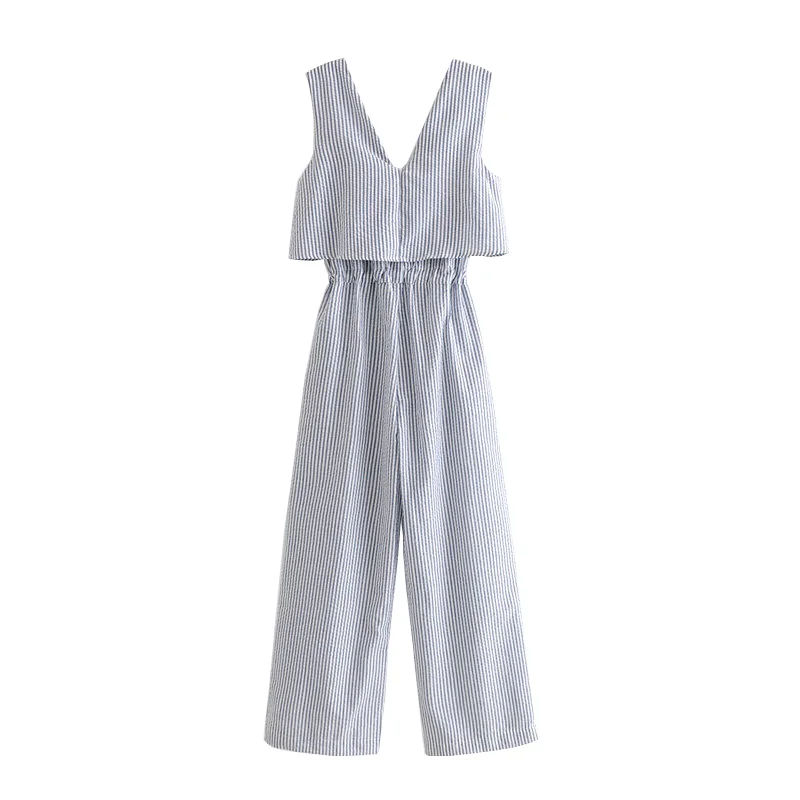 خمر أنيق زرر مخطط حللا النساء 2019 الأزياء V الرقبة أكمام الرباط الكاحل السراويل عارضة ارتداءها فام