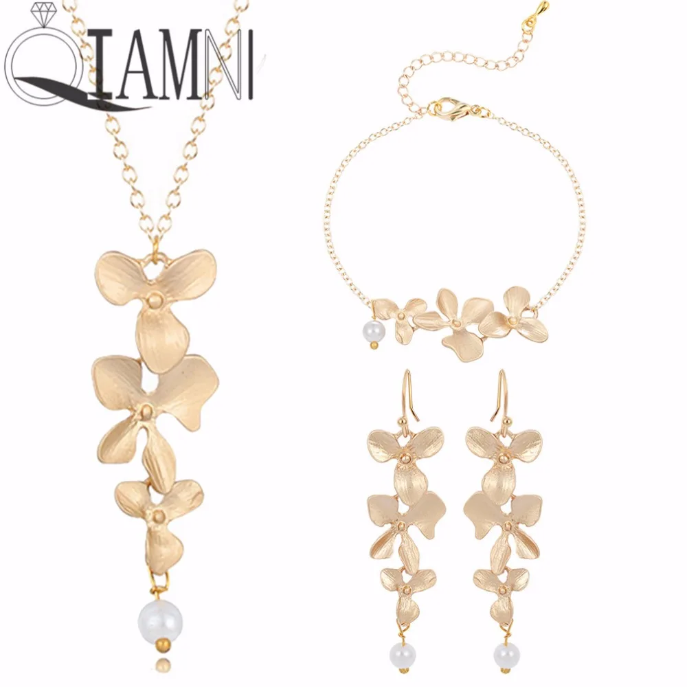 Qiamni 3 Perhiasan Set Bunga Anggrek dan Mutiara Gelang Manis Menjuntai