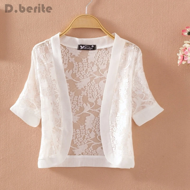 Lady Short Sleeve Lace Shrug Bolero Cape Capelet Jacket White Open