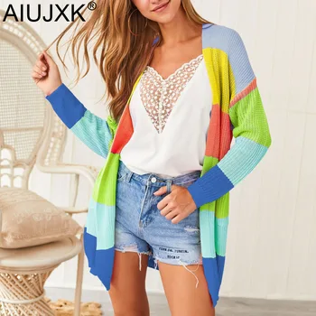 

AIUJXK 2019 Autumn Winter Fashion Rainbow Cardigan Women Long Sleeve Loose Casual Knitted Sweater Female Harajuku Jumper Coat