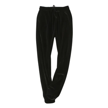 

Women Gold Velvet Solid Color Pants Elastic High Waist Drawstring Sports Pants Ladies Casual Loose Straight Thin Trousers
