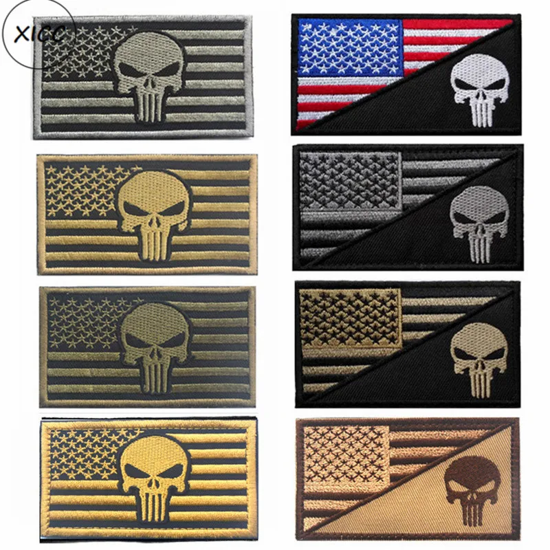 

XICC Stock Hook and Loop Fasteners Military Patch Badges Embroidery National Flag Skull On Cloth Punisher Wears Velcro Armband