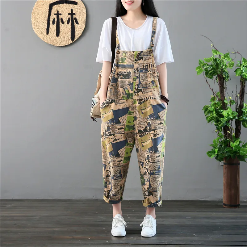 

8976# 2019 Summer New Plus Size Women Fashion Cotton Thin Printed Bib Pants Anti-Length Pants Casual Halem Pants Vintage Pants