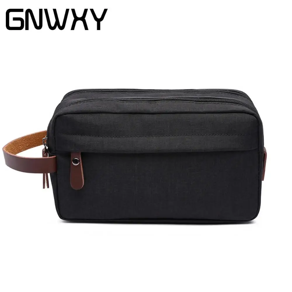 

GNWXY Leather Handle Canvas Women Men Travel Wash Gargle Bag Portable Waterproof Black Simple Storage Bag Coin Purse
