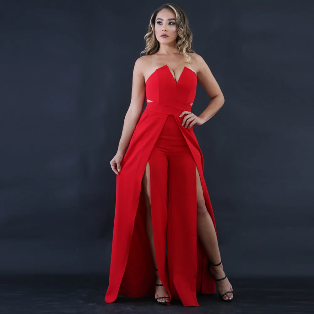 

Fashion Women Streetwear Jumpsuit Sexy Irregular High Split Rompers Strapless Playsuit Female Bodysuit Women Wide Leg Jumpsuit