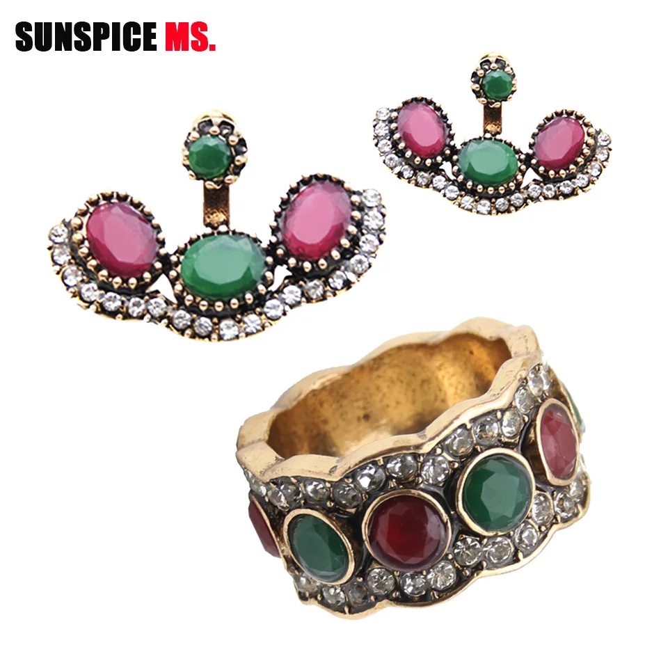 

SUNSPICE MS Fashion Turkish Ring Earring Sets For Women Ethnic Wedding Bridal Jewelry Antique Gold Color Red Green Resin Bijoux