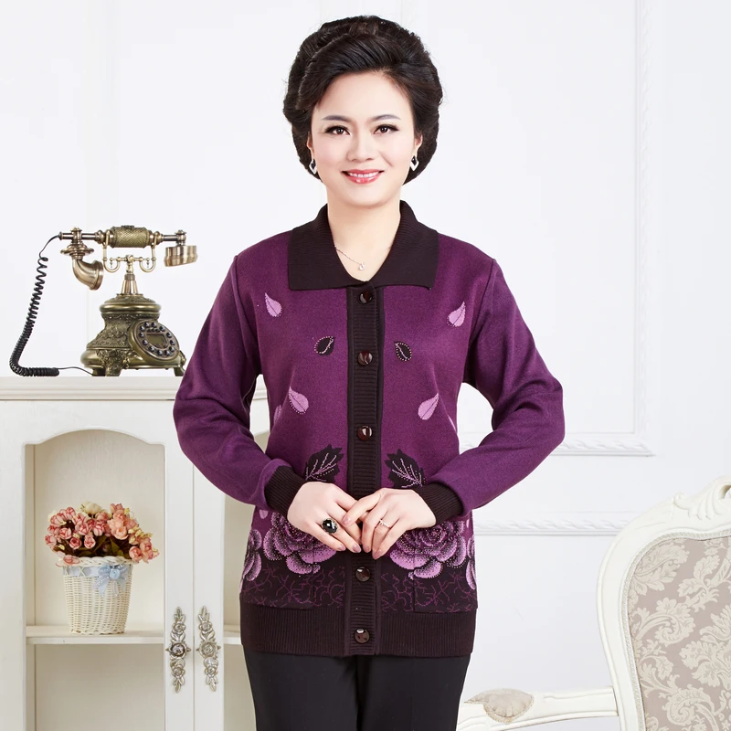 Autumn Winter Women Elegant Wool Cardigan Sweater Flower Pattern Desigan Old Ladies Grandma Mom Brown Cardigans Swteaters Autumn Winter Women Elegant Wool Cardigan Sweater Flower Pattern Desigan Old Ladies Grandma Mom Brown Cardigans Swteaters