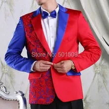 Мужские кружевное с вышивкой красно-синий смокинг куртка и штаны, костюмы комплект производительность/костюм на выход