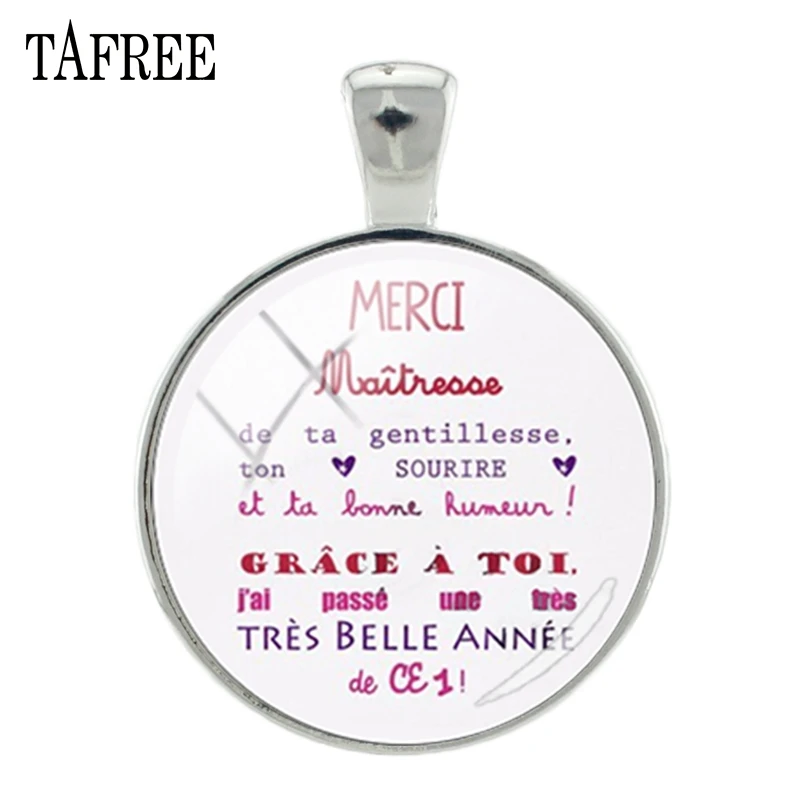 

TAFREE French Words Letters Pendants Merci Thanks gift 25mm glass Charms for Keychain Necklace Rhodium Plated Jewelry CT288