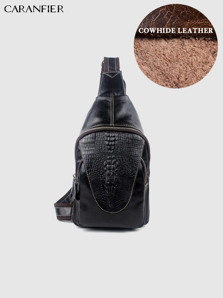 

CARANFIER Mens Chest Bags Crocodile Pattern Shoulder Crossbody Bags Genuine Cowhide Leather Waist Packs Zipper Messenger Bags