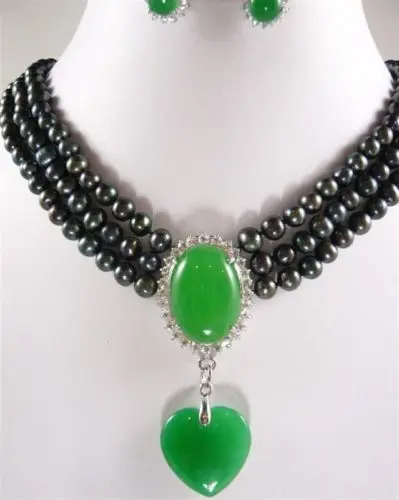 

very good 3 Row 6-7mm White/Pink/Black Pearl & Green Jade Pendant Necklace Earring 18K yellow gold plated wholesale Quartz stone