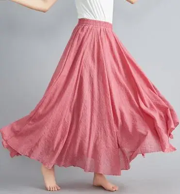 TingYiLi, длинная юбка из хлопка и льна, эластичная Женская юбка с высокой талией, зеленая, синяя, желтая, бежевая, розовая, белая, черная юбка - Цвет: Light Red