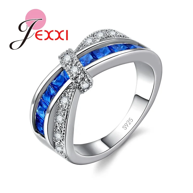 Linked Together Style Blue Clear Crystal Rings For Women Lady Stamped 925 Sterling Silver Ring Jewelry Wedding Bands | Украшения и
