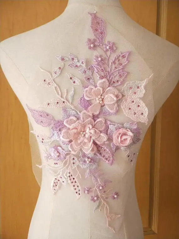 

light purple sequined lace applique, heavy bead lace applique, 3D lace applique with rhinestones, 3d floral, 3d flower applique
