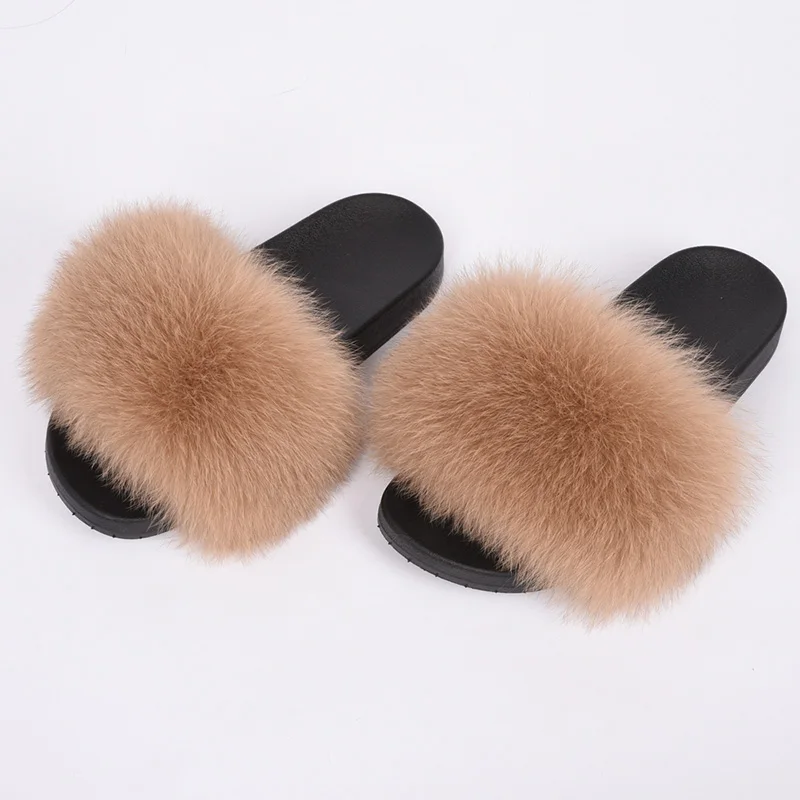 

Hot Real Fox Fur Slippers Shoes Women Fashion Sliders Spring Summer Sandals Ladies Flip Flops Fox Fur Slides Indoor Outdoor