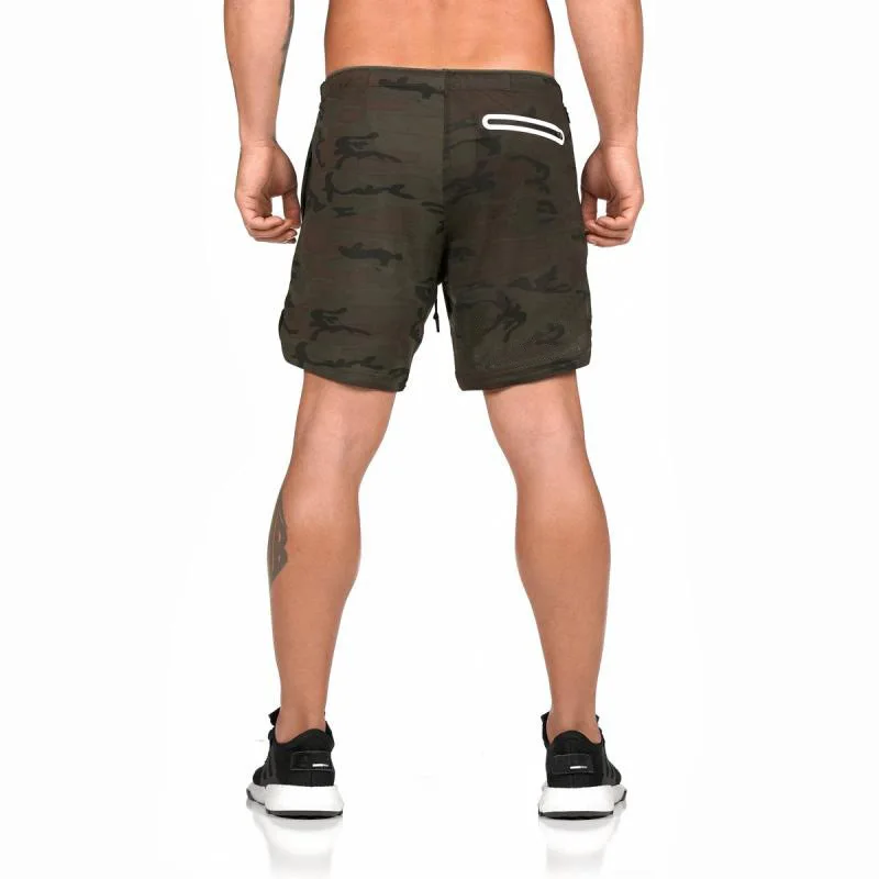 Double Layer Shorts Men Quick-drying Breathable Running Camouflage Men Shorts Sports Training Fitness Short Pants Built-in pocke