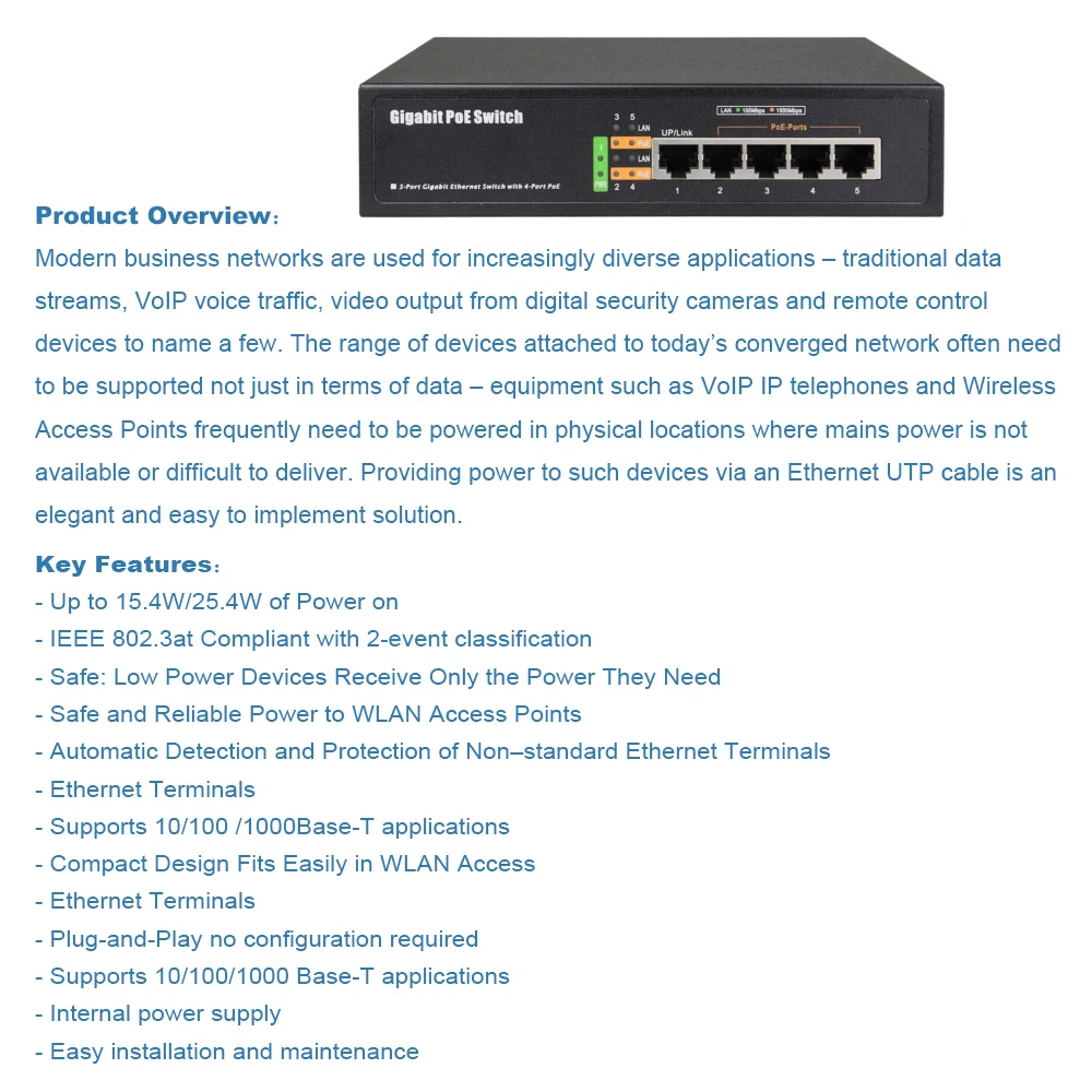 IMPORX 4CH коммутатор питания через Ethernet PSE6504G 5 Порты 10/100/1000 Мбит/с Ethernet-коммутатор Поддержка IEEE802.3af/на Мощность более 4POE Порты 1 Uplink Порты и