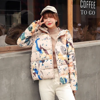

Down Cotton Coat Printed Hooded Short Jackets 2019 Winter New Thick Warm Coats Fashion Loose Down Cotton Overcoat Female C38