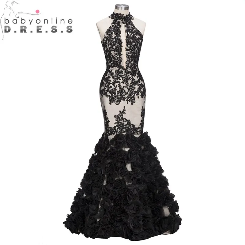 Babyonlinedress Elegant Black Mermaid Evening Dresses Long Sexy Open Back Lace Halter Neck Party Gowns vestido de festa