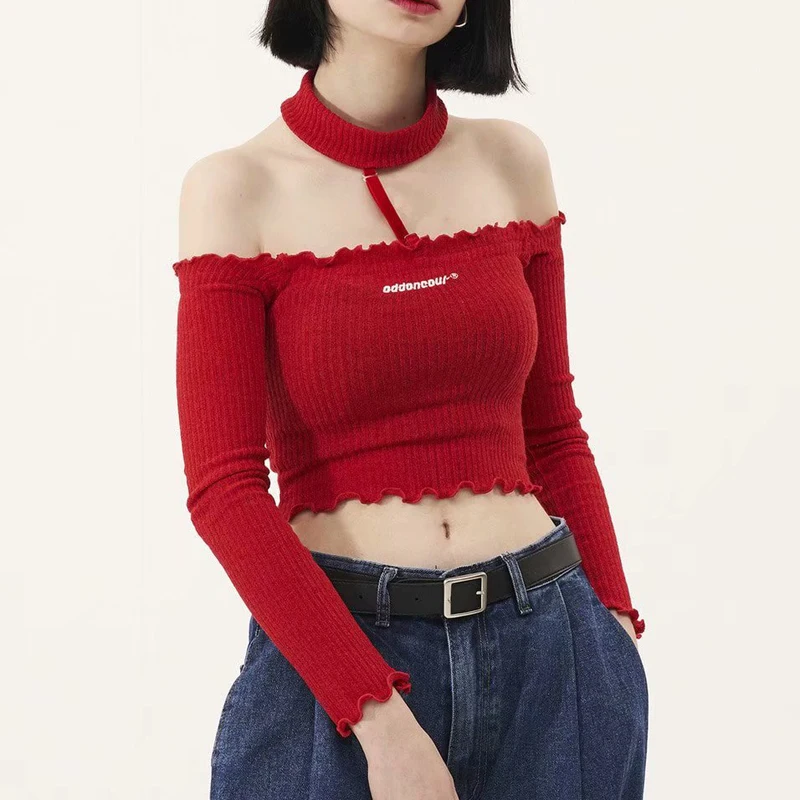 

Rib Knitting Women Sexy Slash Neckline Solid Front Letter Embroidery Long Sleeve T-shirt Halter Design Women Casual Skinny Tee