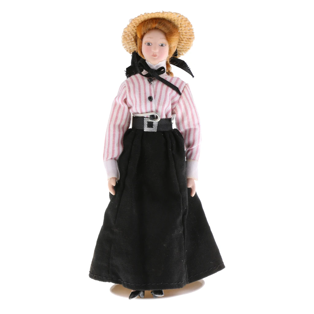 

1/12 Dollhouse Miniature People Victorian Lady Woman Wearing a Striped Blouse w/ Bow Black Long Dress Straw Hat & Stand