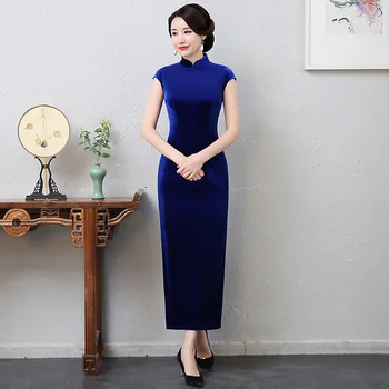 

Autumn Winter Vintage Velvet Long Cheonsgam Sexy Sleeveless Women Chinese Style Daily Dress Elegant Stage Show Qipao Vestidos