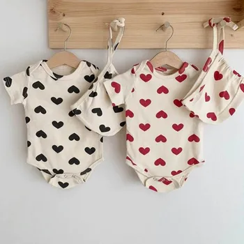 

Summer Clothes Baby Cotton Bodysuits Cute Style Infant Girls Bodysuits Short Sleeve+Cap Suit Baby Girl Peach Heart Jumpsuit