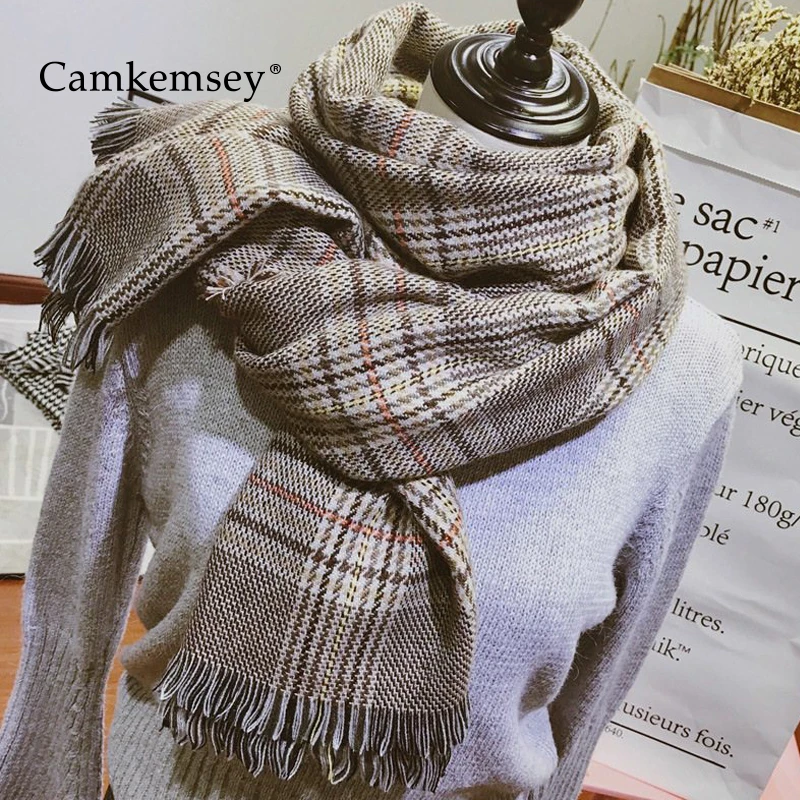 

CamKemsey 2019 New Fashion Plaid Women Winter Cashmere Scarf With Tassels Lady Autumn Warm Soft Knitted Long Wrap Shawl