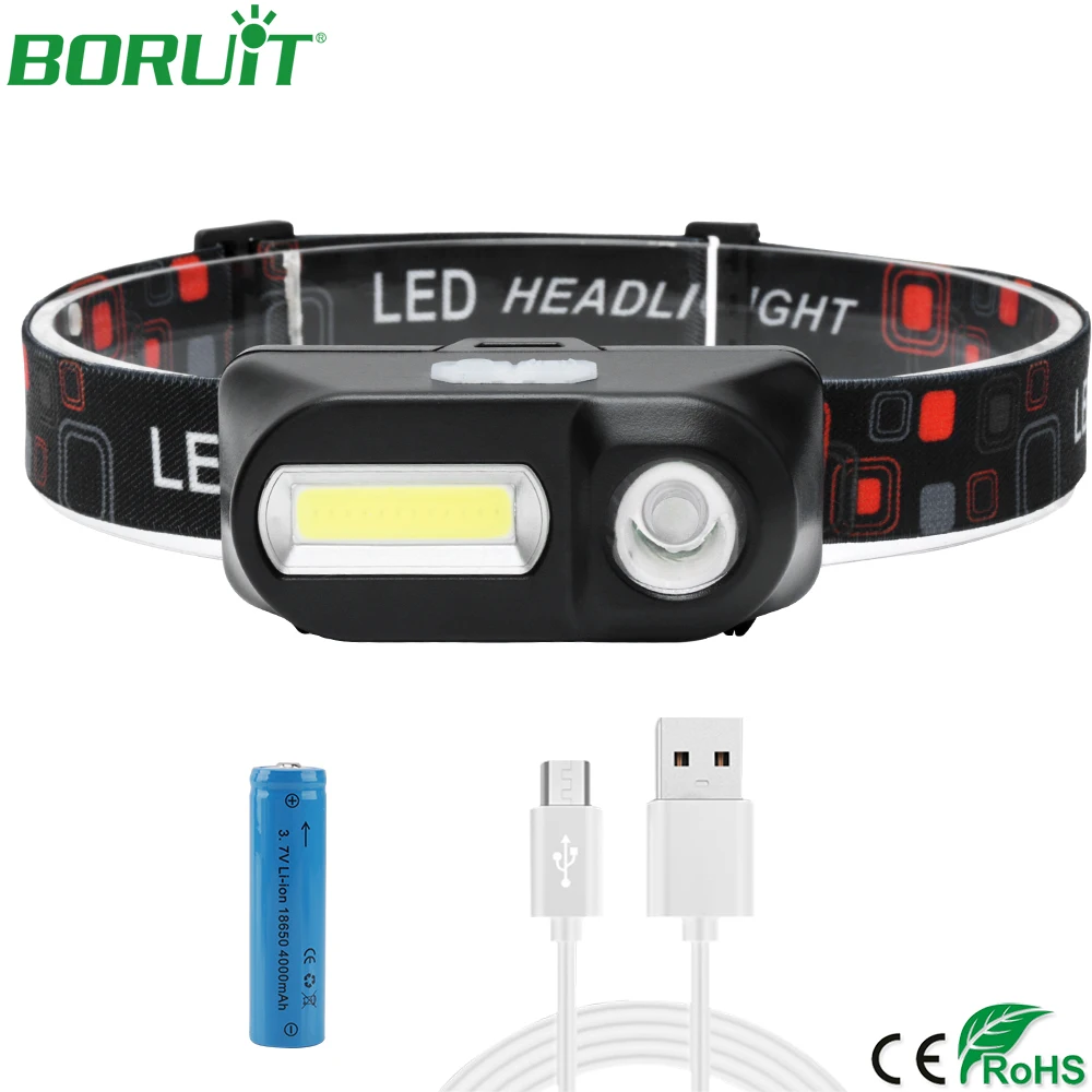 BORUiT COB XPE светодиодный мини Налобный фонарик USB перезаряжаемая фара