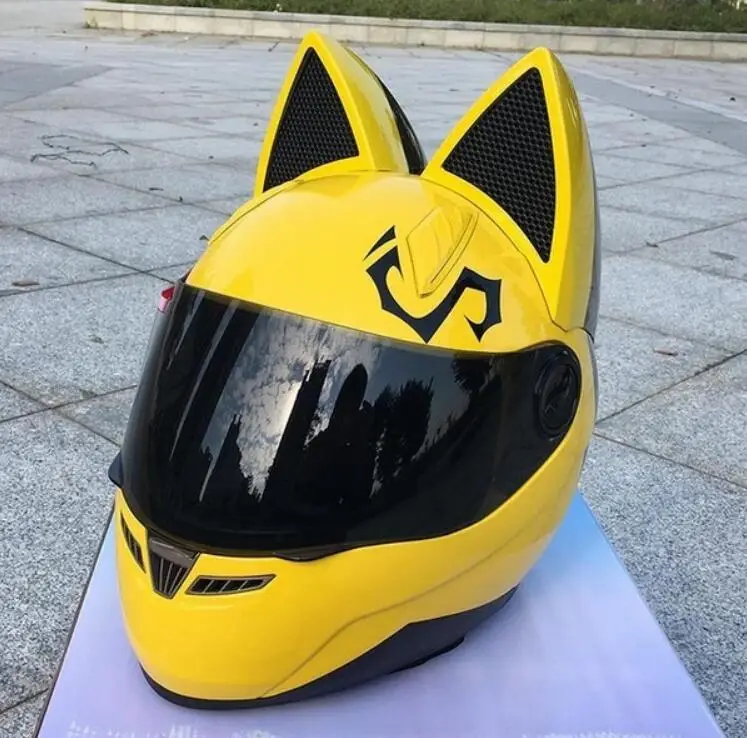 

Motorcycle New Yellow pink racing locomotive cross-country full helmet personality full-cover cat ears Four Seasons men and wome