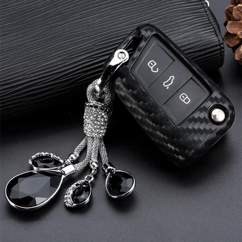 2019 New Carbon Fiber Silica Gel Car Key Case Cover Holder Key Chain Ring For VW Golf-7 Tiguan-L POLO Accessories Car-styling