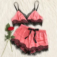 EFINNY Women Spaghetti Strap Lace Sleepwear Satin Pajama Cami Top + Shorts Pajamas Sexy Pajama Set For Summer Sleepwear Sets whoholl women clothes for winter long sets v neck sleepwear satin pajama women s pajamas spaghetti strap lace sexy pajama set