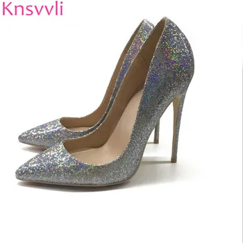 

Knsvvli silver colourful sequins pointy toe extreme high heels shoes ladies shallow party banquet sexy shoes women pumps