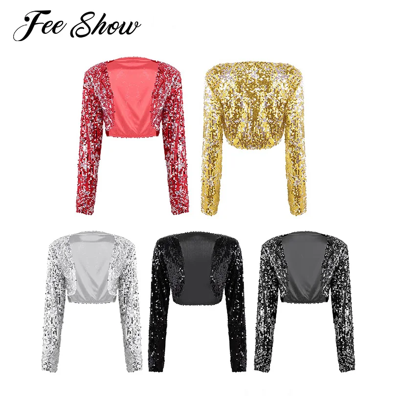 

2019 Women Fashion Shiny Sequins Jacket Dance Wear Long Sleeve Open Front Glitter Slim Cropped Dance Bolero Shrug Tops Clubwear