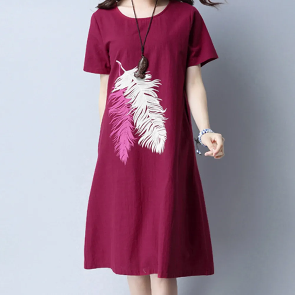 

Telotuny Woman's clothing Bohemian Feather dress women summer shirt dress women cotton linen maternity dresses JL 27