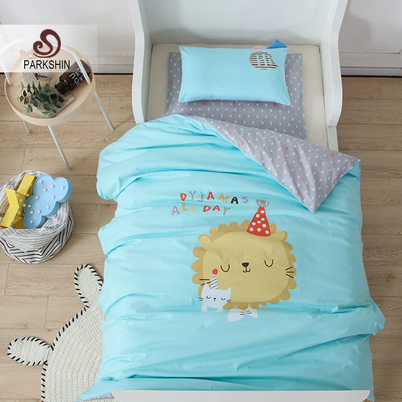

Parkshin Child Cartoon Lovely Lion Blue Active Printing Bedding Set 100% Cotton Soft Protect Kids Skin Comfortable Bedspread