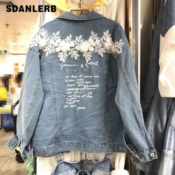 

New Heavy Industry Embroidered Flower Cowboy Coat Woman Spring Loose Back Letter Denim Coats Jacket Women Long Sleeve Jean Coats