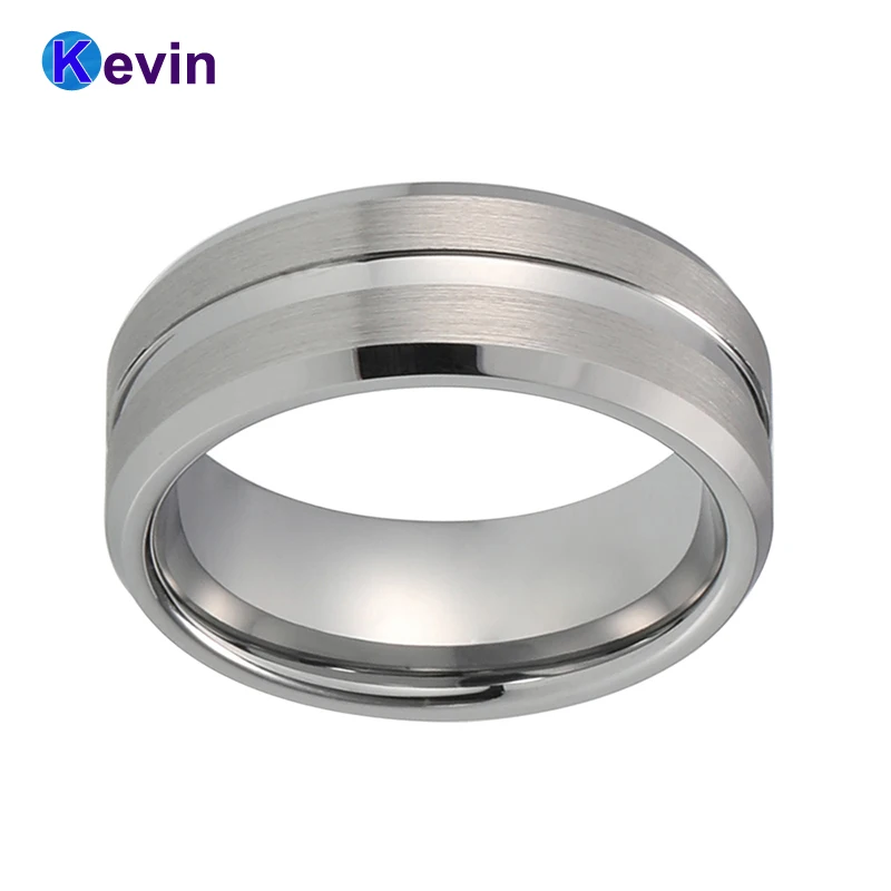 Mens Tungsten 8MM Wedding Ring Silver Men Ring Grooved Beveled Brushed Finish