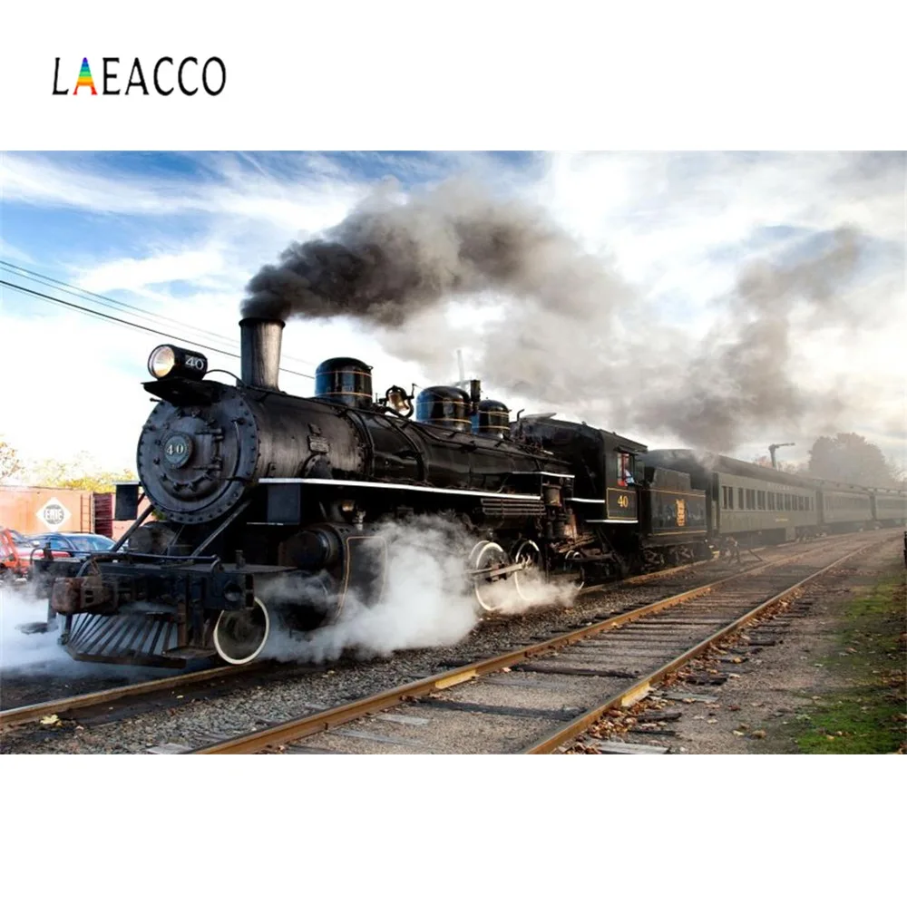 

Laeacco Vinyl Backgrounds Old Dark Steam Engine Train Historic Smoke Pattern Photography Backdrops Photocall Photo Studio