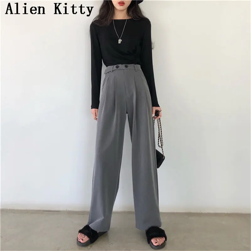 

Alien Kitty 2019 New Design Solid Summer High Waist Button Fly High Quality Casual Loose Straight Women Grey Suit Trousers