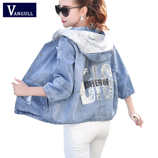 Women Loose Sequin Hooded Jean Jacket 2017 Spring Autumn Oversized