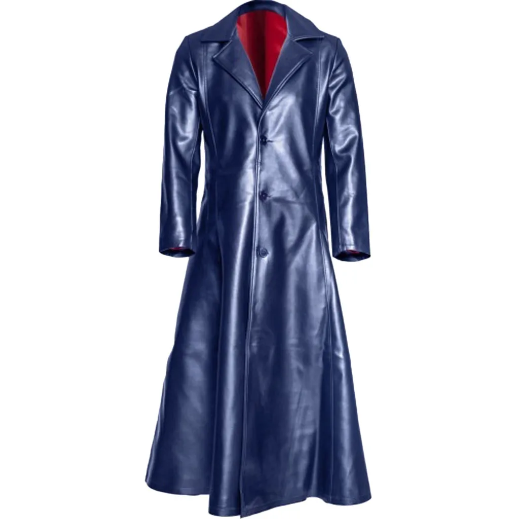 Новое мужское модное длинное пальто в готическом стиле, кожаное пальто, куртка из искусственной кожи, куртки, S-5XL - Цвет: dark blue