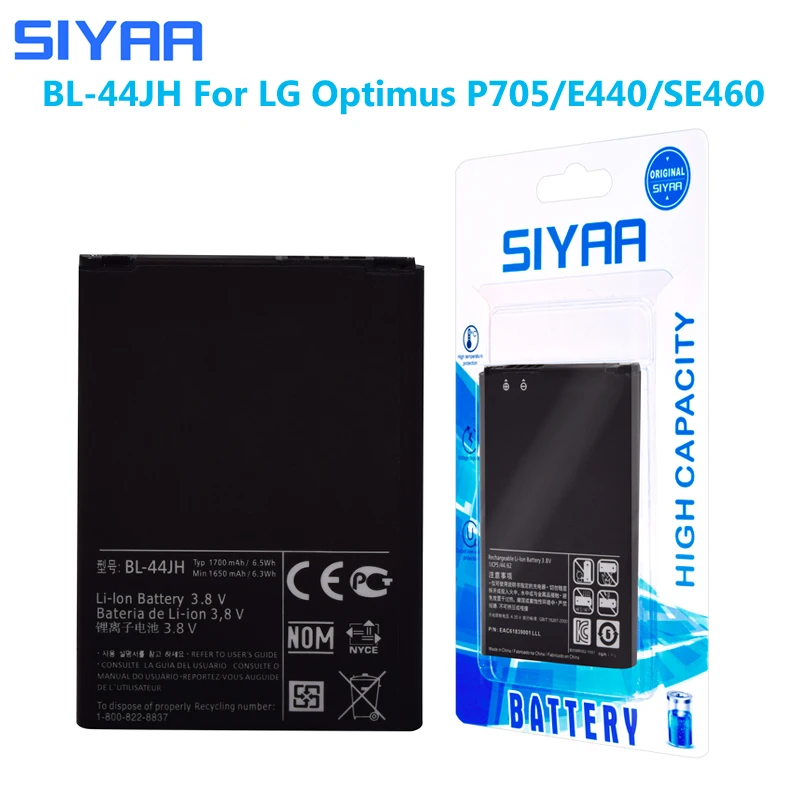 

SIYAA Phone Battery BL-44JH For LG Optimus P705 L4 E440 E460 P700 LS860 MS770 LG730 US730 Replacement Li-ion Bateria