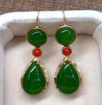 

18k Gold Inlaid Russian Old Earrings, Genuine Spinach Green Earrings