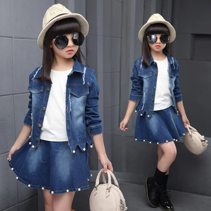Spring new fashion casual big girl denim jacket + denim skirt three sets 2017 new fashion spring