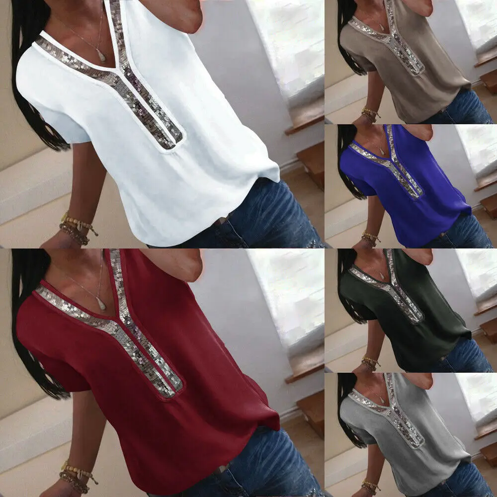 Hirigin Women Summer Chiffon Short Sleeve Casual Shirt Solid Color Tops Blouse Shirts