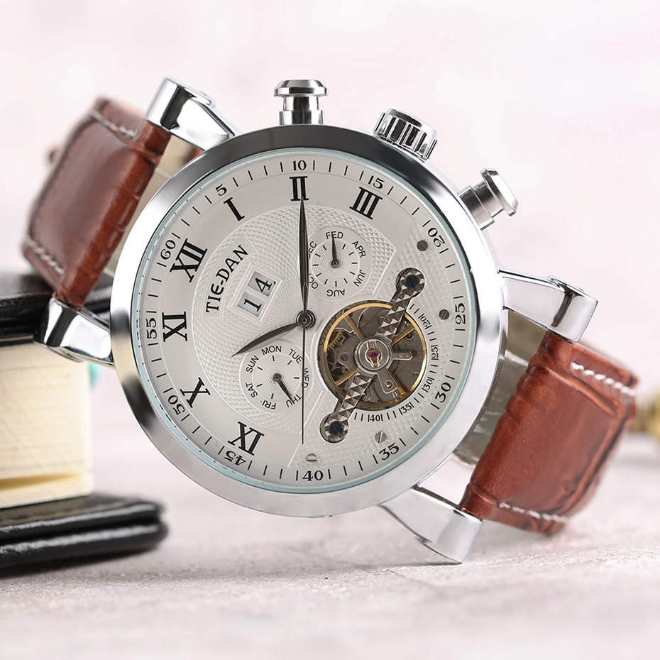 Men's Tourbillon Mechanical Watch Luxury Business Self-Winding Wrist Watch Trendy Genuine Leather Fashion New Time Date Display Best Christmas GiftS for Men Male (22)
