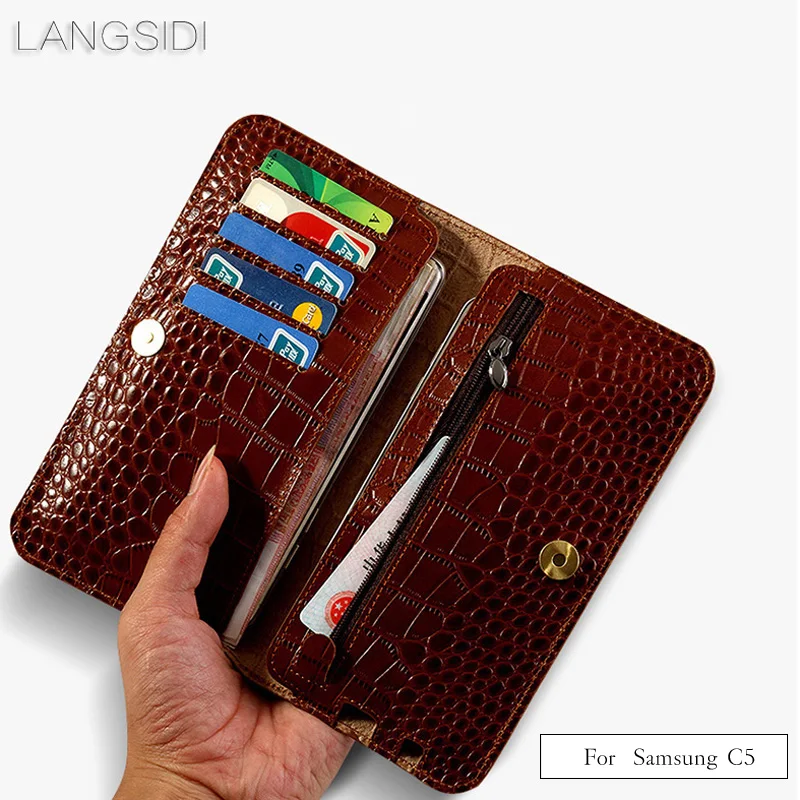 

LANGSIDI brand genuine calf leather phone case crocodile texture flip multi-function phone bag for Samsung C5 hand-made