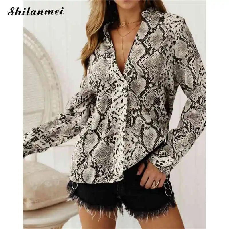 Chiffon Blouse Long Sleeve Sexy Leopard Print Blouse Tunic Casual Loose Tops Plus Size Turn Down Collar Lady Office Shirt