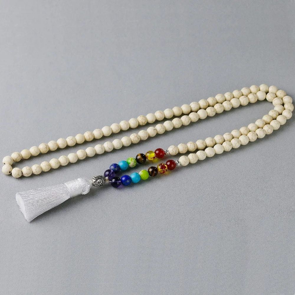 Festival 8mm White Howlite Stone Beaded Necklace Women 7 Chakra Tassels Long Necklace Boho Yoga